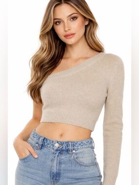 Forever 21 One-Shoulder Cropped Knit Sweater Taupe | XS Xsmall